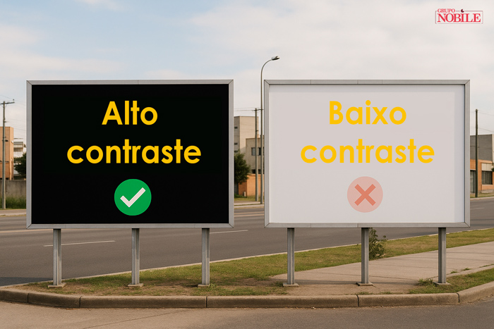 Comparativo de alto contraste: fundo preto com letras amarelas; e baixo contraste: fundo branco com letras amarelas.