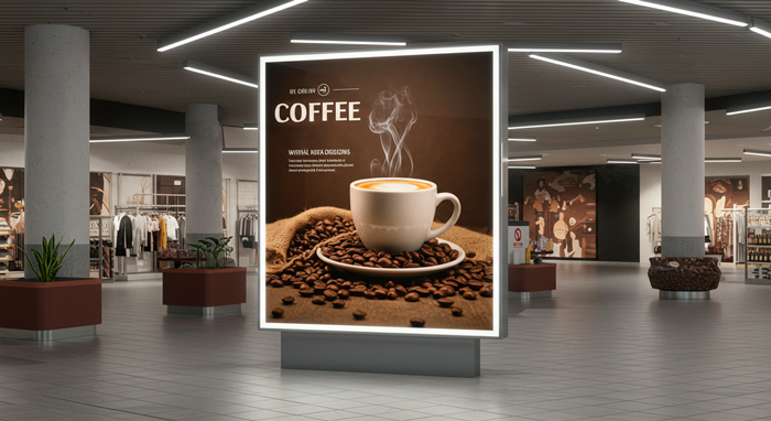 Outdoor backlight posicionado em shopping, exibindo propaganda de café.
