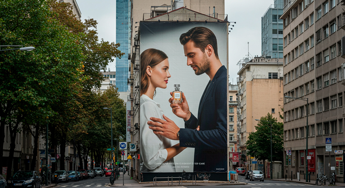 Marketing OOH tipo empena, ocupando toda a lateral de um prédio com propaganda de perfume.