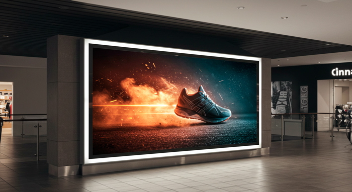 Painel OOH backlight em ambiente interno.