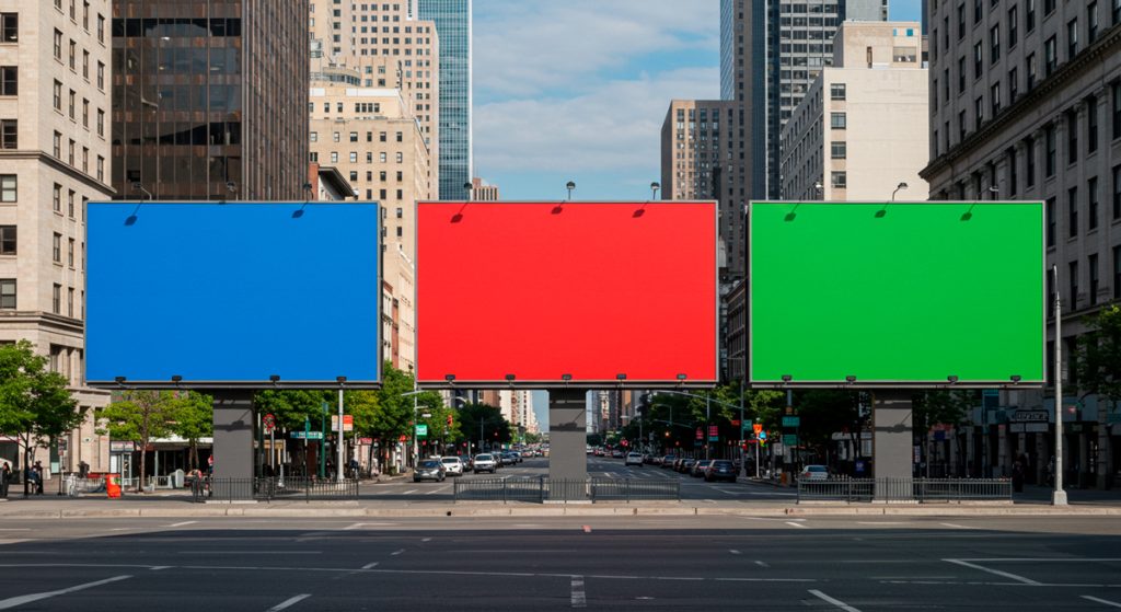 Outdoors com cores diferentes na rua.
