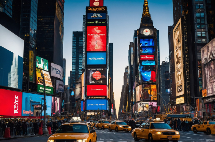 mídia externa com telões de publicidade e outdoors digitais na Times Square com fluxo de táxis e pedestres