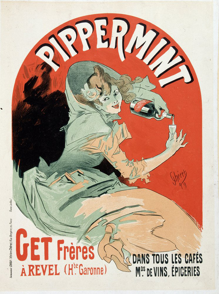 mídia externa do fim do séc. XIX: cartaz ilustrado Pippermint GET, Get Frères, feito para muros, quiosques e fachadas de cafés e mercearias