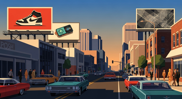Cena urbana ao entardecer com carros antigos, pedestres e outdoor de tênis, videogame e arte em avenida comercial, exemplo de mídia externa.