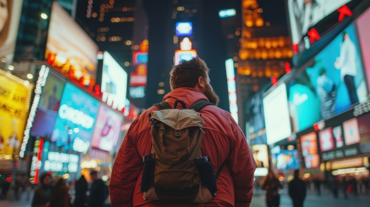 Homem observando painéis de mídia OOH em uma avenida movimentada à noite, com outdoors digitais e anúncios luminosos compondo o cenário urbano.