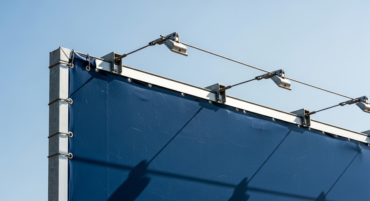 Close da estrutura reforçada de um outdoor de lona, ilustrando a resistência e o acabamento que destacam a escolha entre outdoor de papel x outdoor de lona em projetos mais duráveis. 