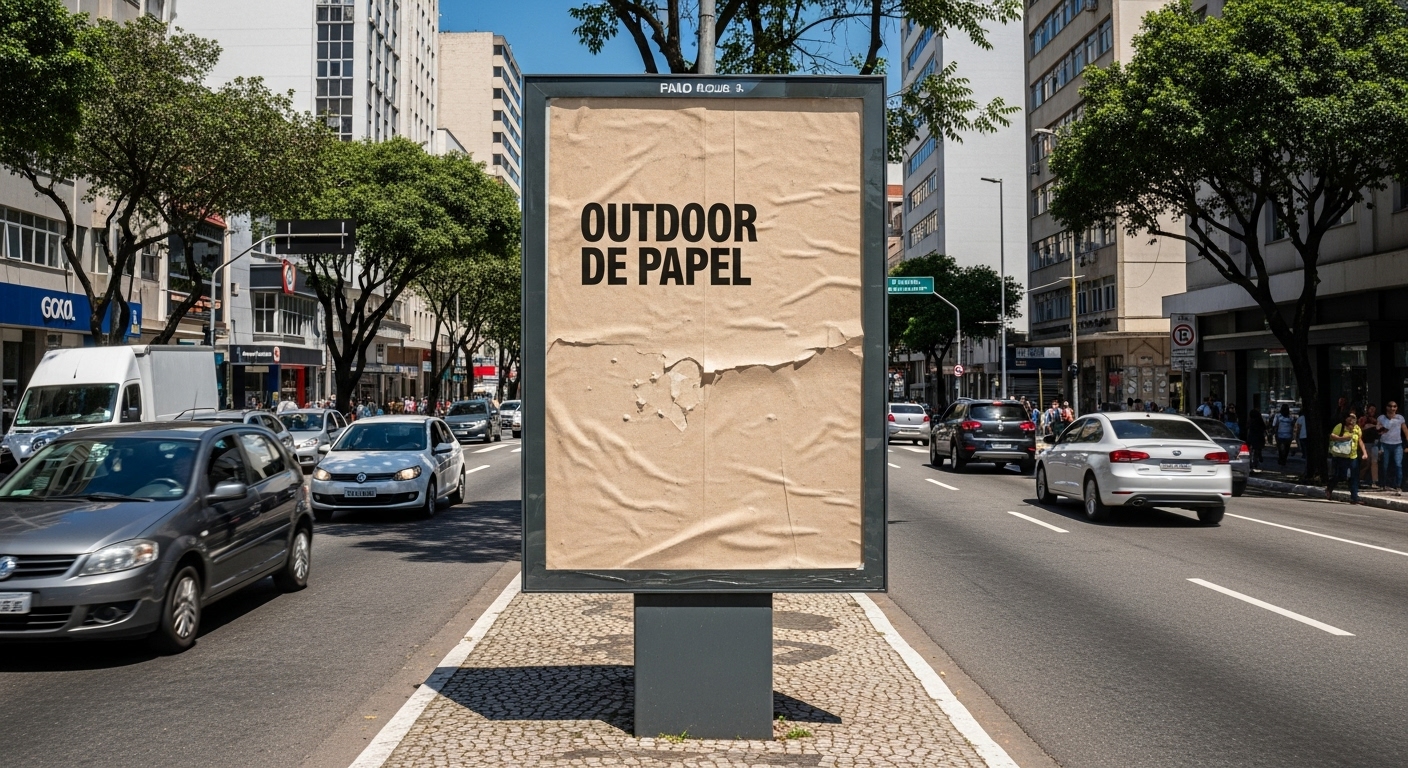 Imagem comparativa mostrando como o outdoor de papel se comporta no cenário urbano, ajudando a entender a diferença prática entre outdoor de papel x outdoor de lona em campanhas de curta duração. 
