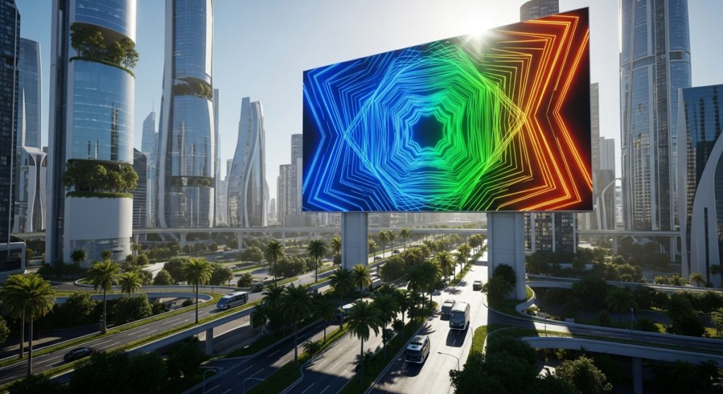 Campanhas de outdoor em cidade futurista: mega painel digital sobre via expressa exibindo arte geométrica em neon azul, verde e laranja, com arranha-céus de vidro, palmeiras e vias elevadas ao fundo.
