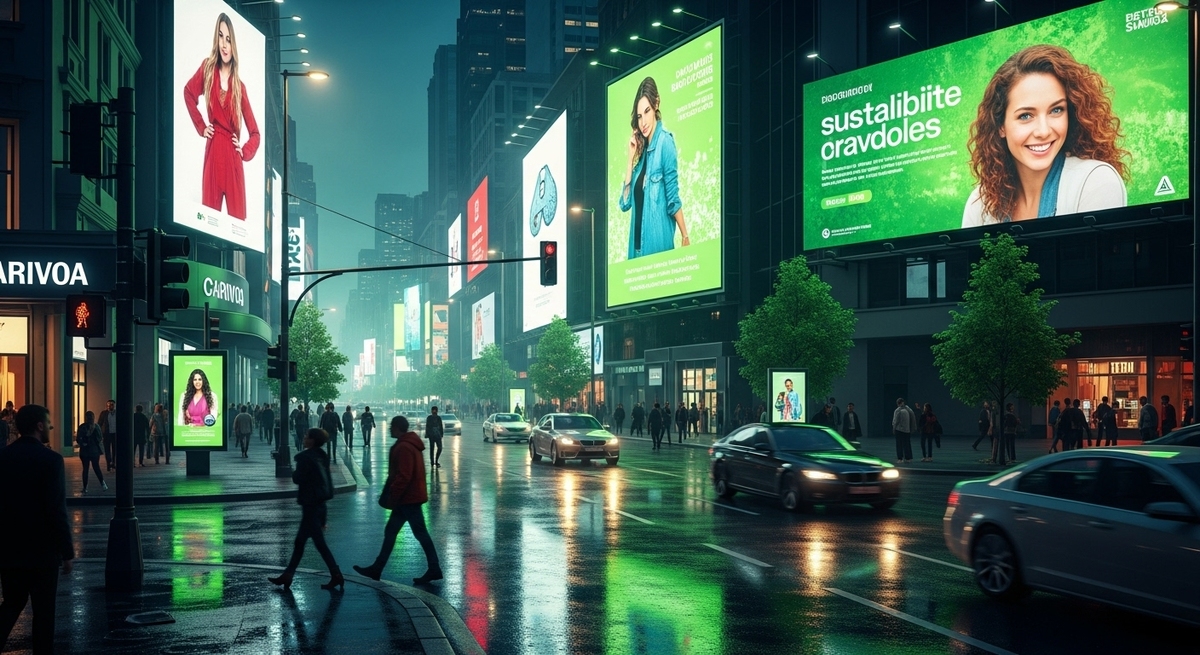 Cena urbana noturna com grandes painéis DOOH interativos iluminando a avenida, transmitindo a ideia de OOH participativo e mostrando como a mídia externa ganha engajamento local ao convidar o público a interagir com campanhas mais conversacionais