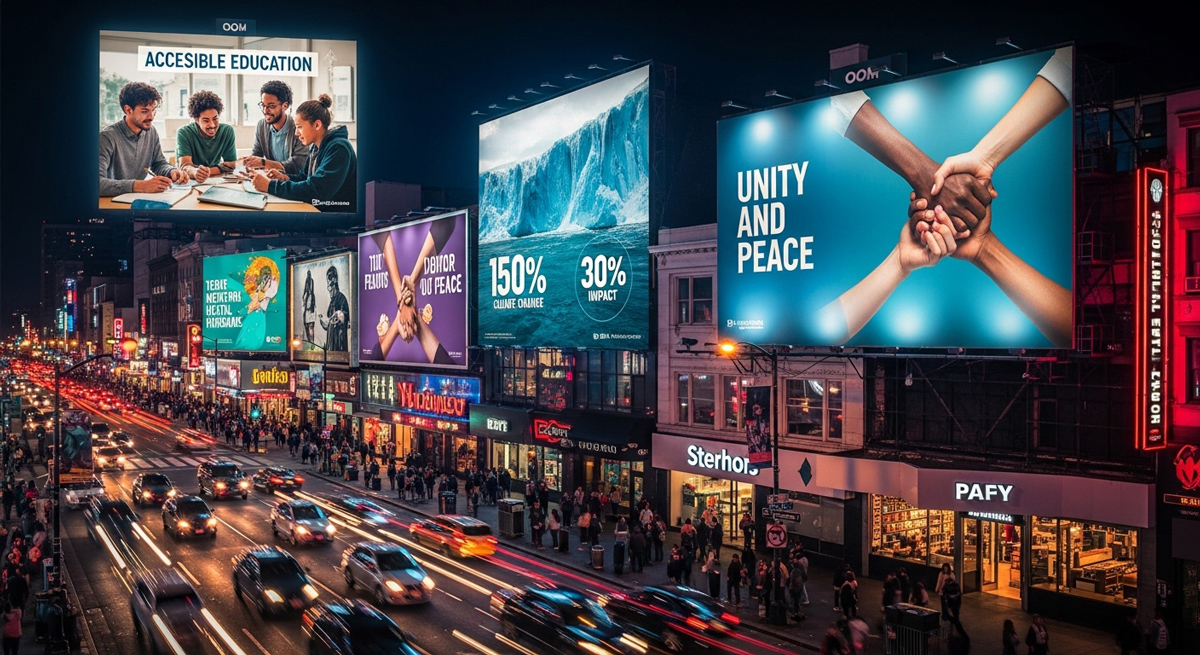 Cena urbana noturna com diversos painéis de mídia OOH exibindo campanhas de educação, clima e união, em meio ao movimento intenso de carros e pedestres.