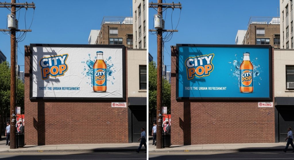 Outdoor de papel x outdoor de lona: comparação visual entre dois painéis publicitários urbanos, um com acabamento amassado e textura de papel e outro com superfície lisa em lona, destacando diferenças de durabilidade, acabamento e impacto visual na comunicação outdoor.