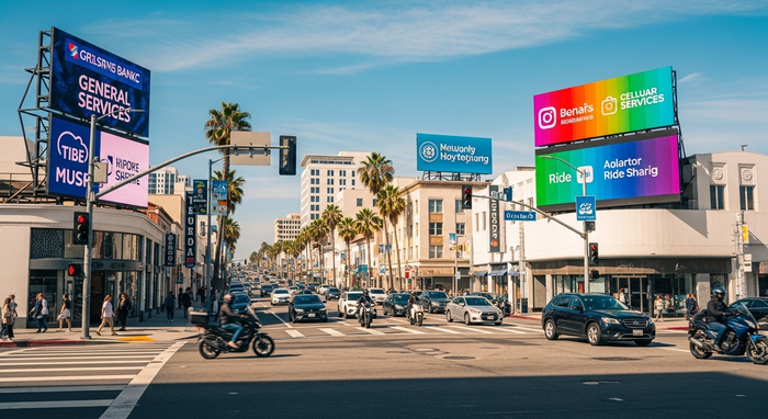 Rua de cidade com grande quantidade de outdoors espalhados.