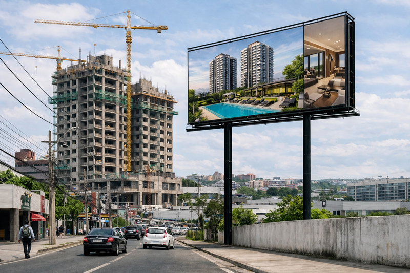 Cena urbana com carros passando em rua com construção ao fundo, na lateral, um outdoor com marketing imobiliário