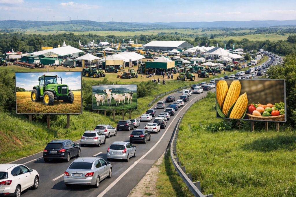 Evento agro em rodovia, com tráfego intenso de carros e outdoors com propagandas no trajeto.