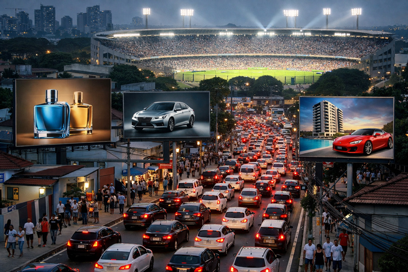 Fila de carros em paisagem urbana com evento de futebol acontecendo ao fundo. Na via, outdoors com propagandas.