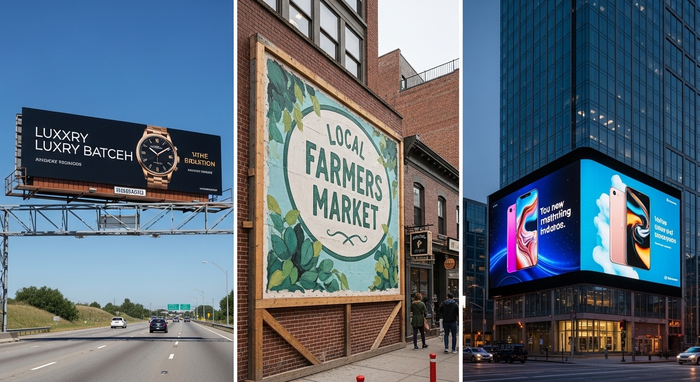 Equipe instalando outdoor de grande formato em área central da cidade, destacando a mídia exterior como parte de uma estratégia de marketing integrada voltada ao posicionamento de marca e à atração de mais clientes. 