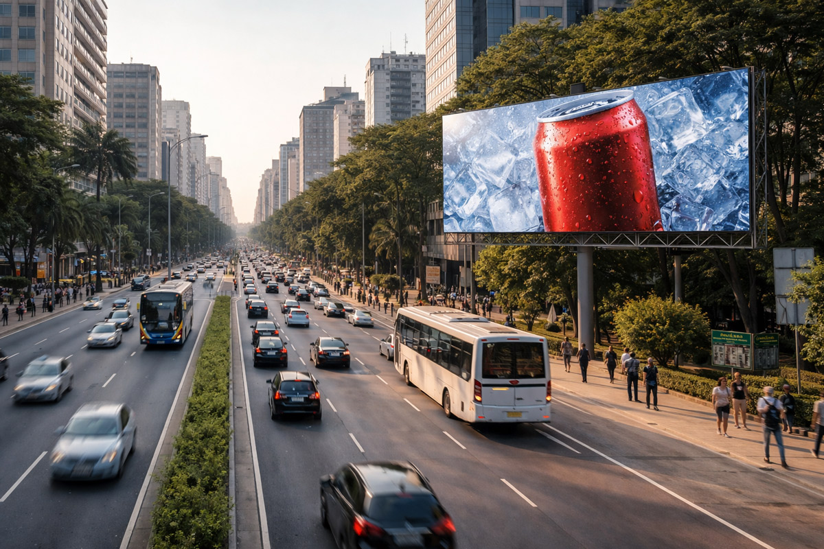 Avenida urbana com grande circulação de pessoas e prédios com painéis digitais, representando como anunciar em outdoor fortalece o posicionamento de marca e integra estratégia de marketing local com mídia exterior para atrair mais clientes.