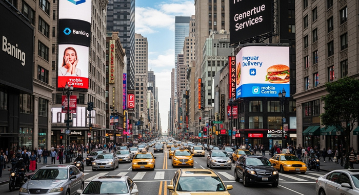 Vários outdoor espalhados por ambiente urbano.