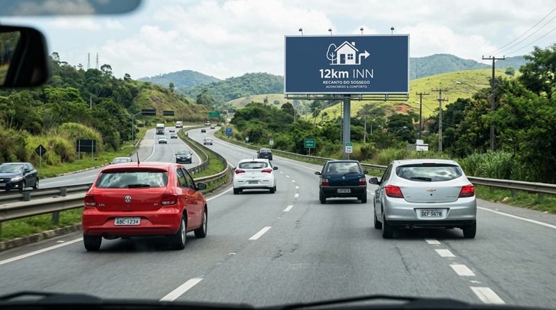 Outdoor em rodovia cheia de carros, indicando local de hotel.