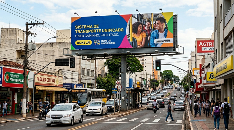 Outdoor na cidade, com propaganda de transporte público.