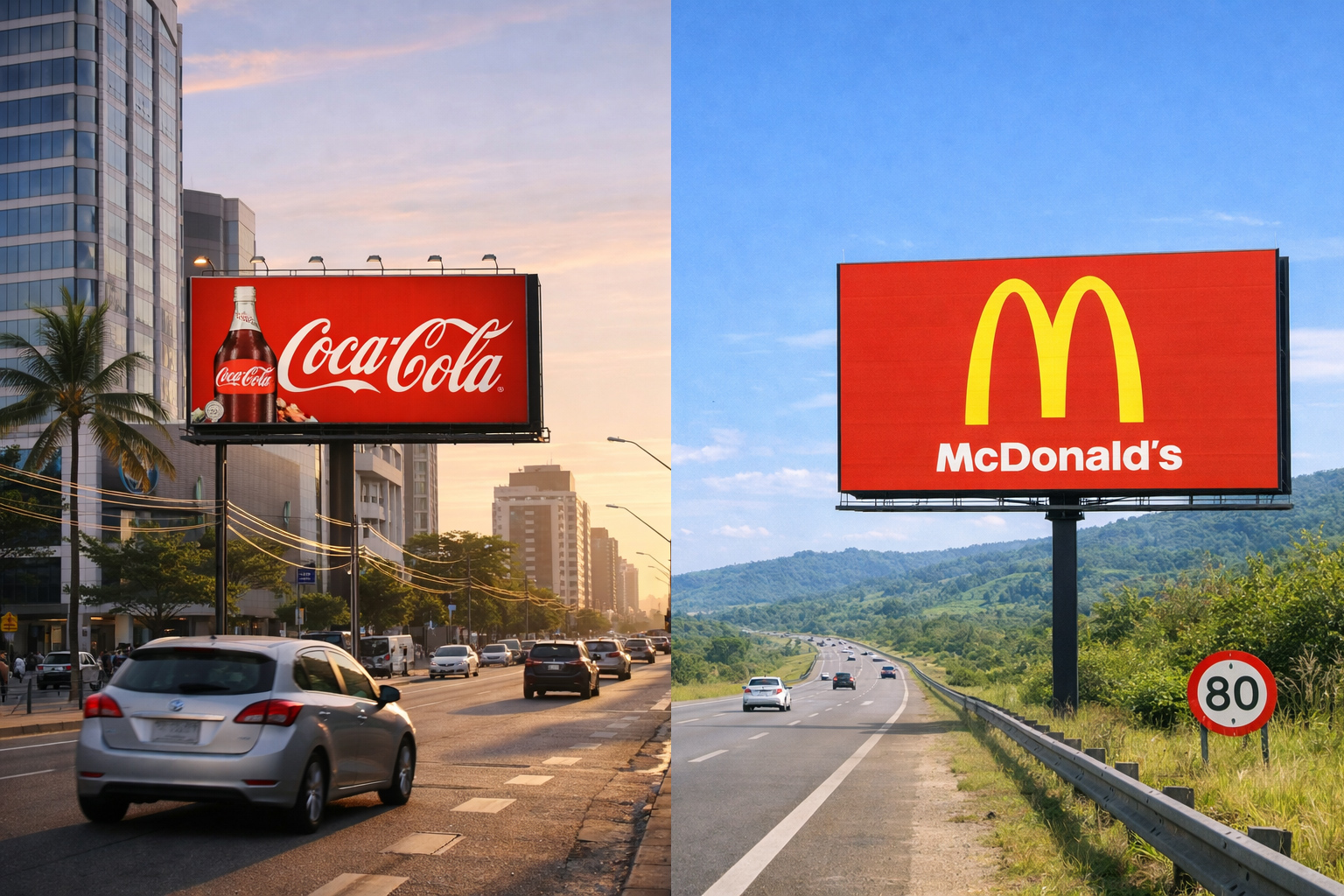 Duas imagens mostrando outdoor em cidade e outdoor em rodovia.