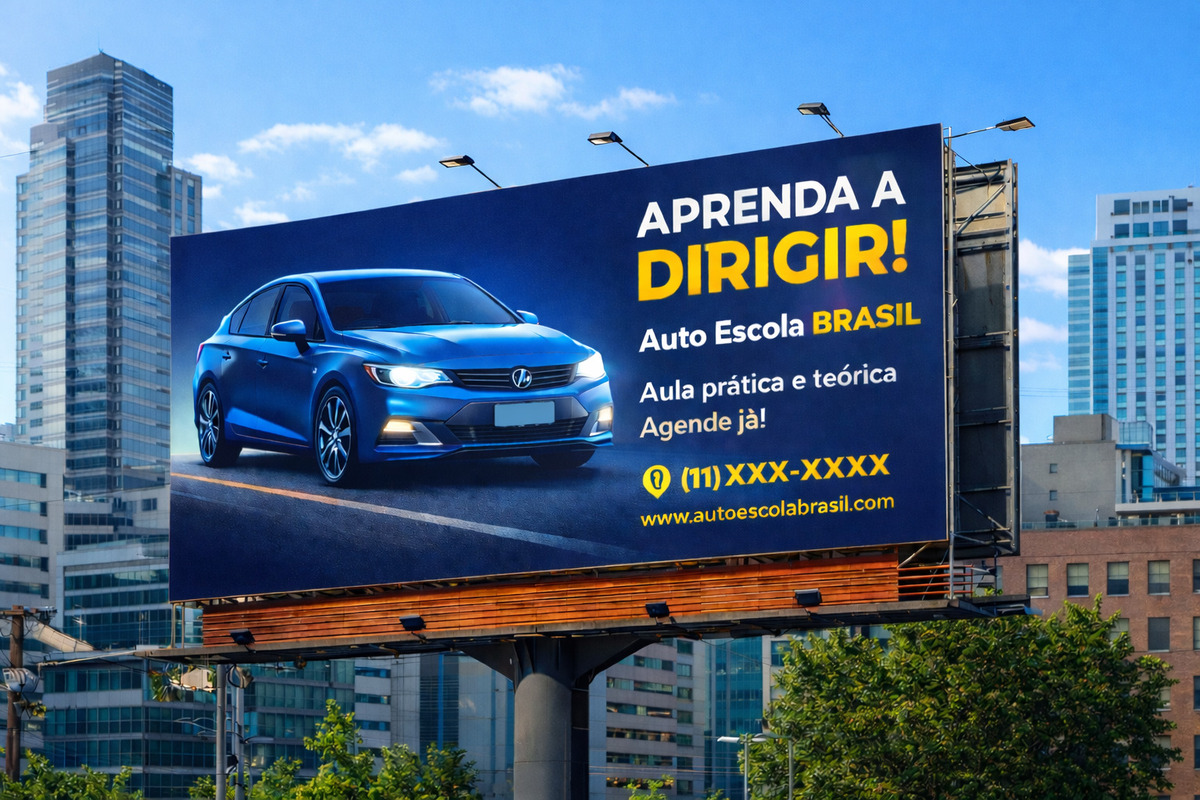 Outdoor para autoescola em rua de cidade do interior paulista