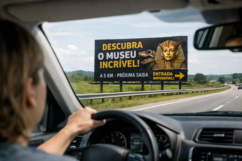 Pessoa viajando de carro e avistando um outdoor anunciando um museu.
