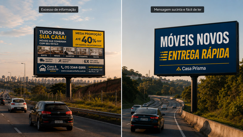 Exemplo de outdoor com excesso de informação, contendo slogan, fotos, endereço, telefone, promoção; e outro apenas com a mensagem “móveis novos entrega rápida”.