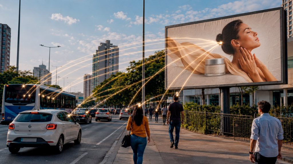 Outdoor exposto em via pública com várias pessoas vendo, cada visualização é marcada como uma linha que parte da pessoa até o outdoor.