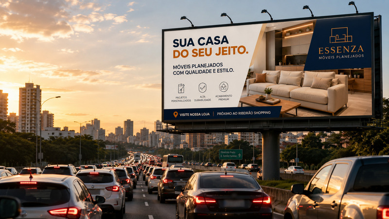 Outdoor em rua com trânsito intenso de carros ao entardecer.
