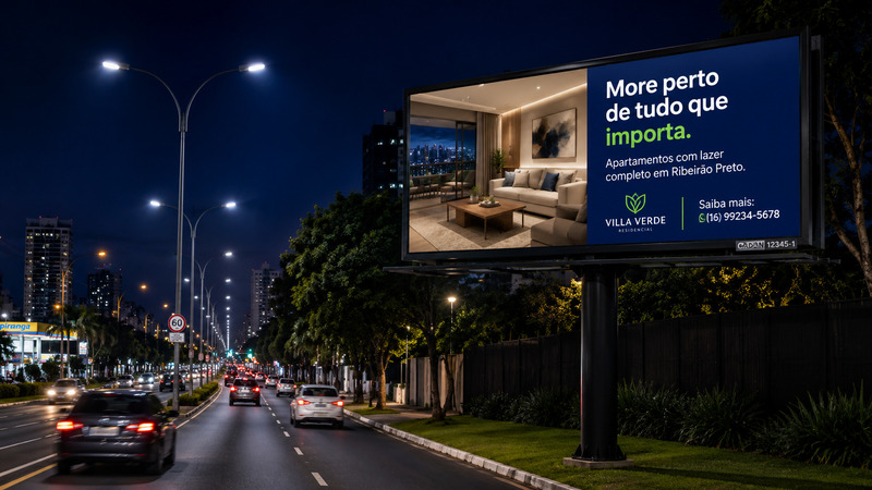 Painel de LED instalado em uma avenida movimentada durante a noite exibe um anúncio publicitário: exemplo de mídia exterior em conformidade com as regras de publicidade previstas na Lei Cidade Limpa de Ribeirão Preto