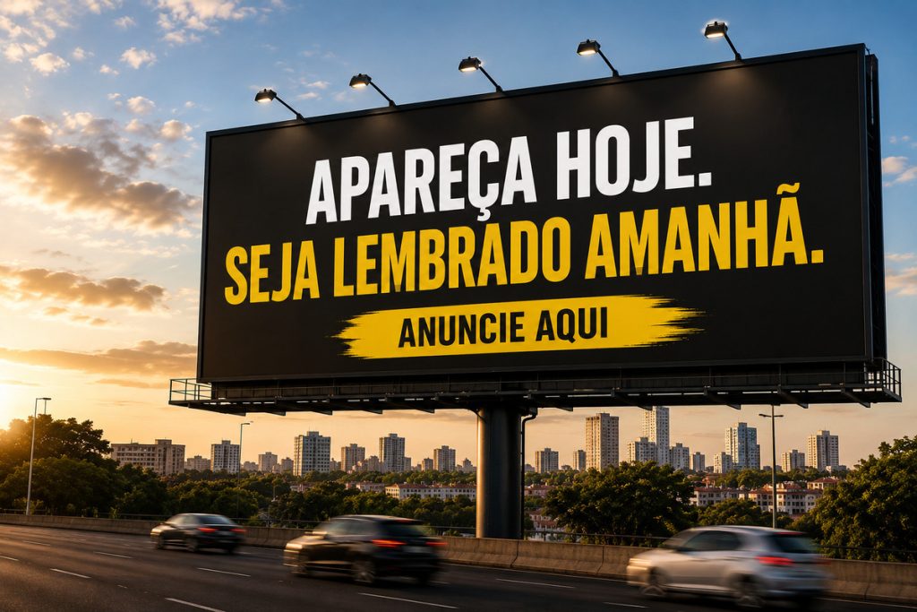Outdoor em rodovia urbana com 7 palavras e 1 CTA durante o pôr do sol com a mensagem “Apareça hoje. Seja lembrado amanhã. Anuncie aqui”, em destaque sobre fundo preto, enquanto veículos circulam pela via e a paisagem urbana aparece ao fundo.