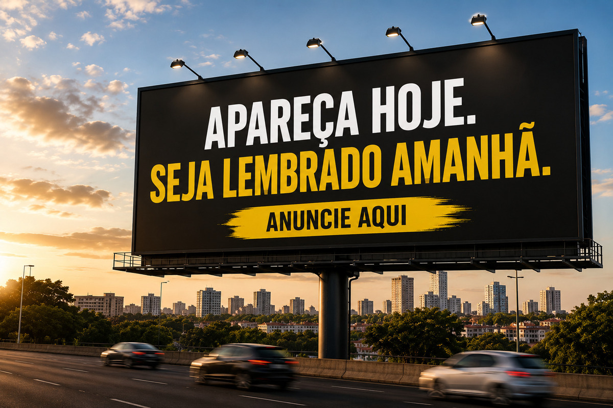 Outdoor em rodovia urbana com 7 palavras e 1 CTA durante o pôr do sol com a mensagem “Apareça hoje. Seja lembrado amanhã. Anuncie aqui”, em destaque sobre fundo preto, enquanto veículos circulam pela via e a paisagem urbana aparece ao fundo.