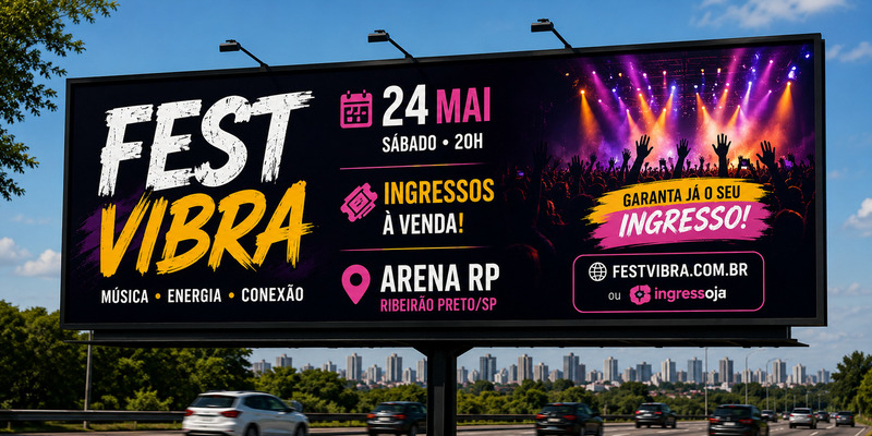 Outdoor em rodovia movimentada divulga o evento fictício Fest Vibra com informações essenciais em destaque, como data, horário, local em Ribeirão Preto e venda de ingressos.